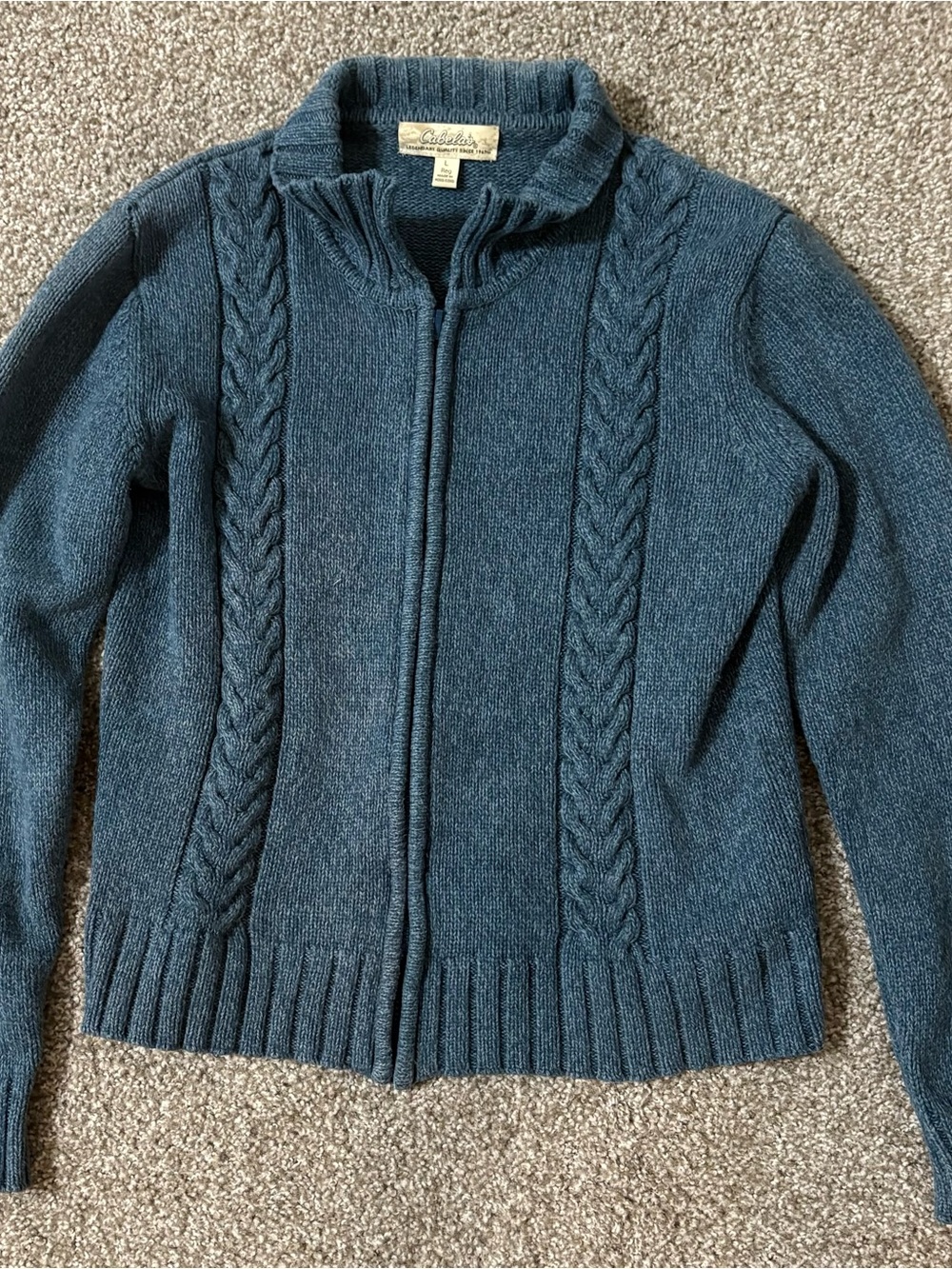 Vintage Cabelas Women's Size L Blue Cotton Cable Knit Sweater Zip Up Cardigan